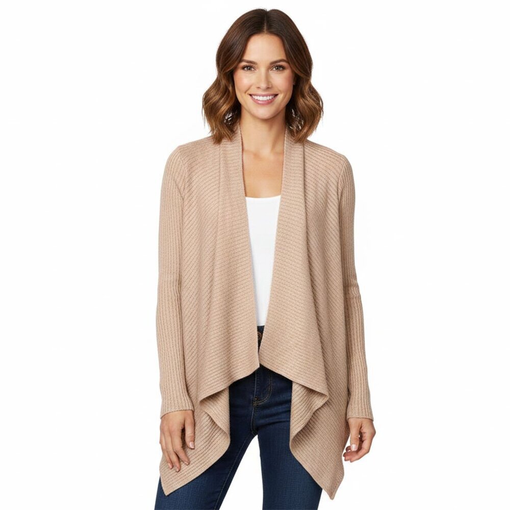 Banana Republic Tan Ribbed Knit Waterfall Cardigan Sweater Open Front Draped